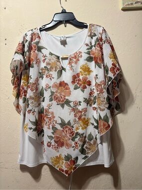 NAIF White Floral Overlay Blouse with Rust and Mustard Blooms